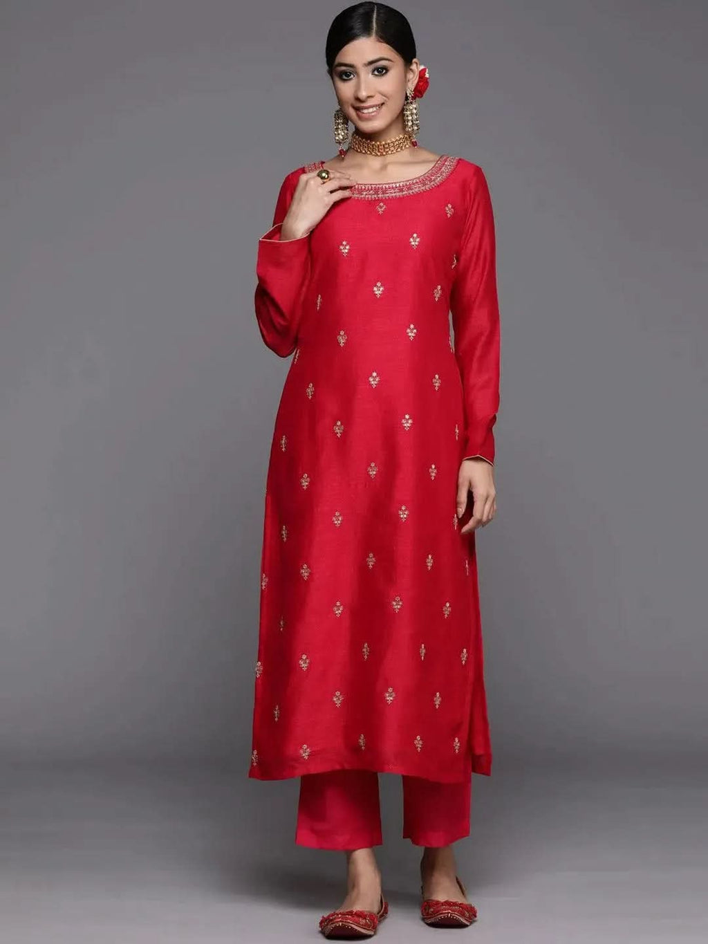 Magenta Embroidered Silk Straight Kurta