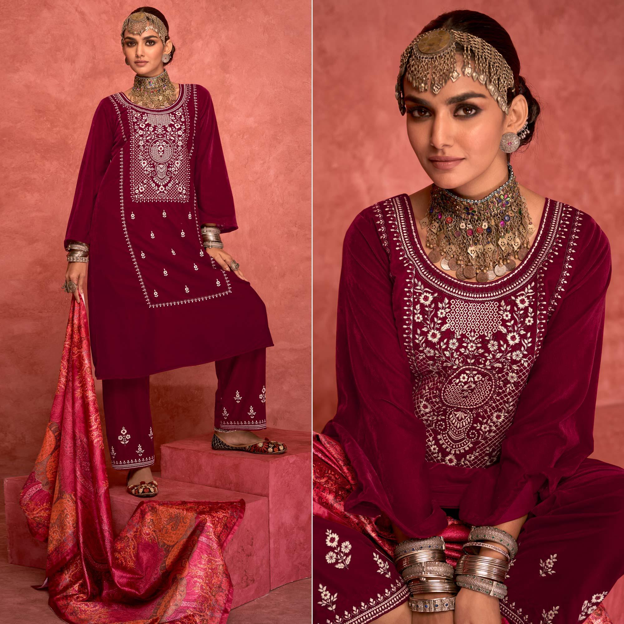 Magenta Pink Embroidered Velvet Pakistani Suit