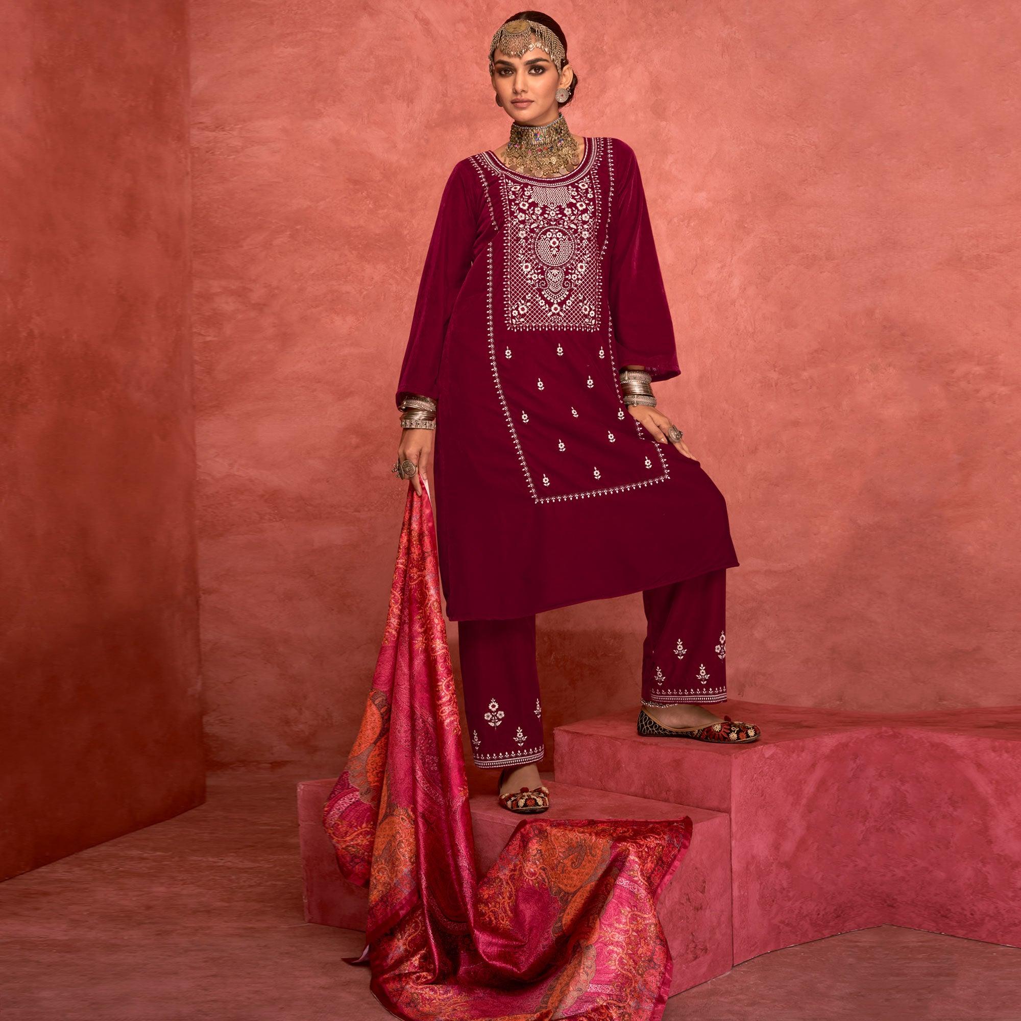 Magenta Pink Embroidered Velvet Pakistani Suit