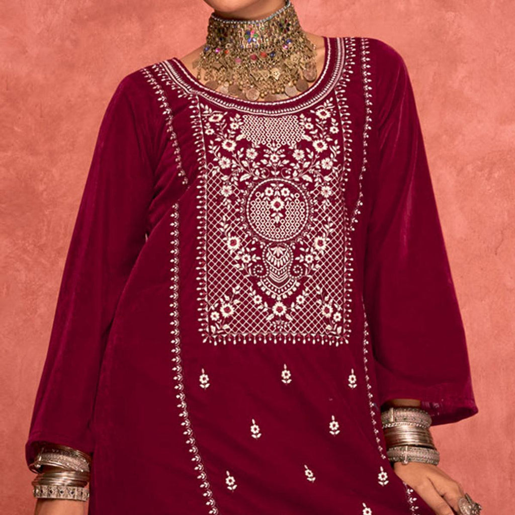 Magenta Pink Embroidered Velvet Pakistani Suit