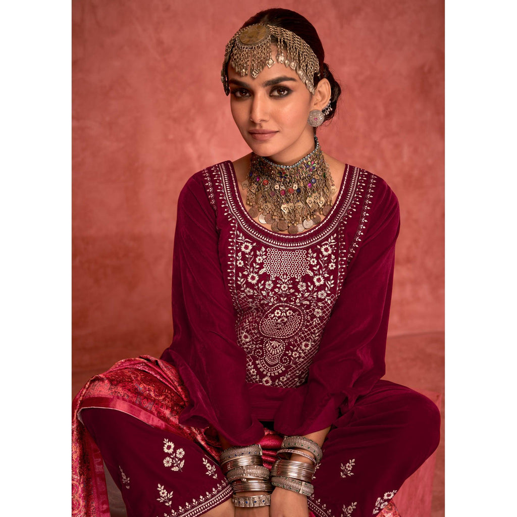 Magenta Pink Embroidered Velvet Pakistani Suit