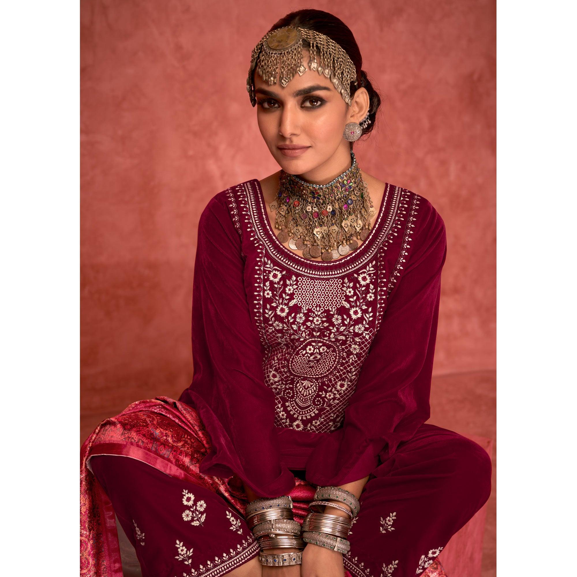 Magenta Pink Embroidered Velvet Pakistani Suit