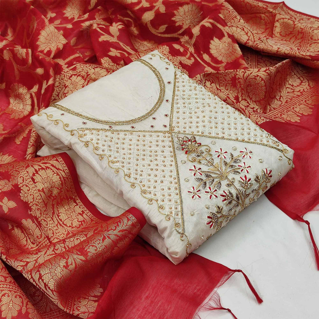 Magnetic White Colored Festive Wear Embroidered Modal Chanderi Dress Material