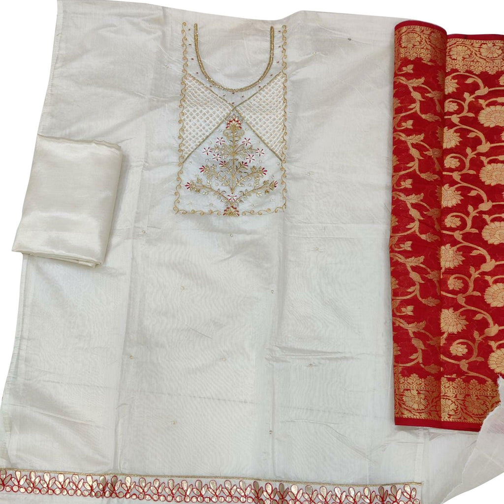Magnetic White Colored Festive Wear Embroidered Modal Chanderi Dress Material