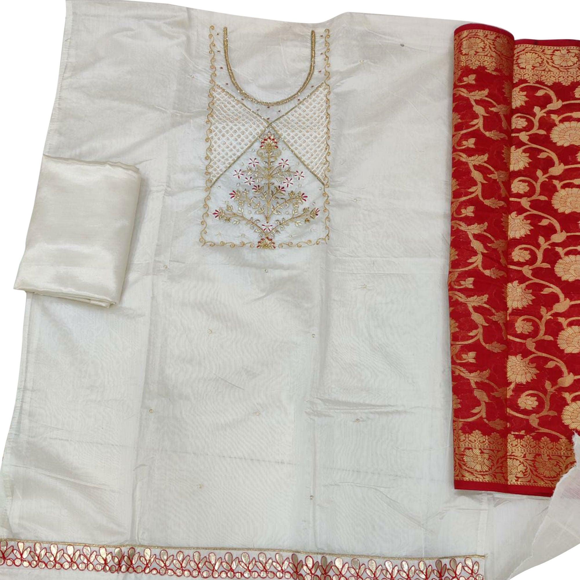 Magnetic White Colored Festive Wear Embroidered Modal Chanderi Dress Material