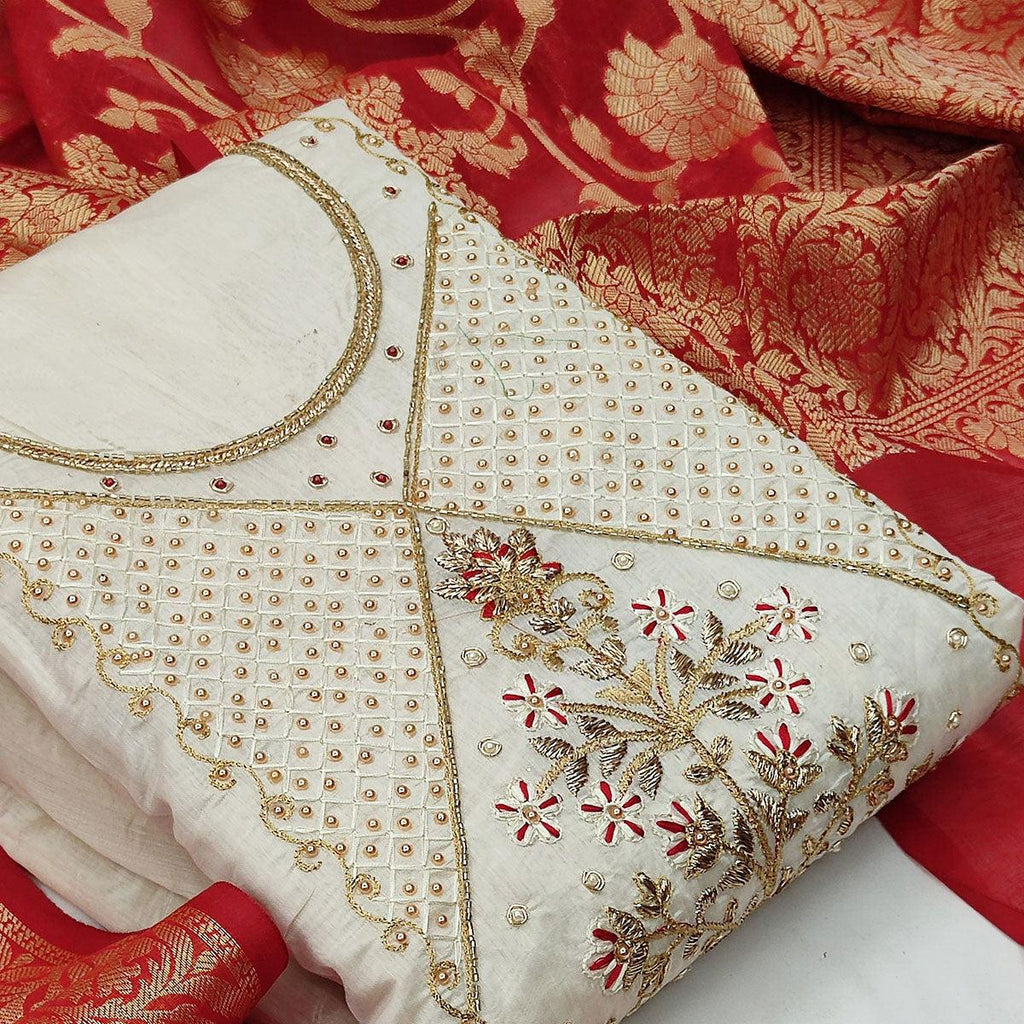 Magnetic White Colored Festive Wear Embroidered Modal Chanderi Dress Material