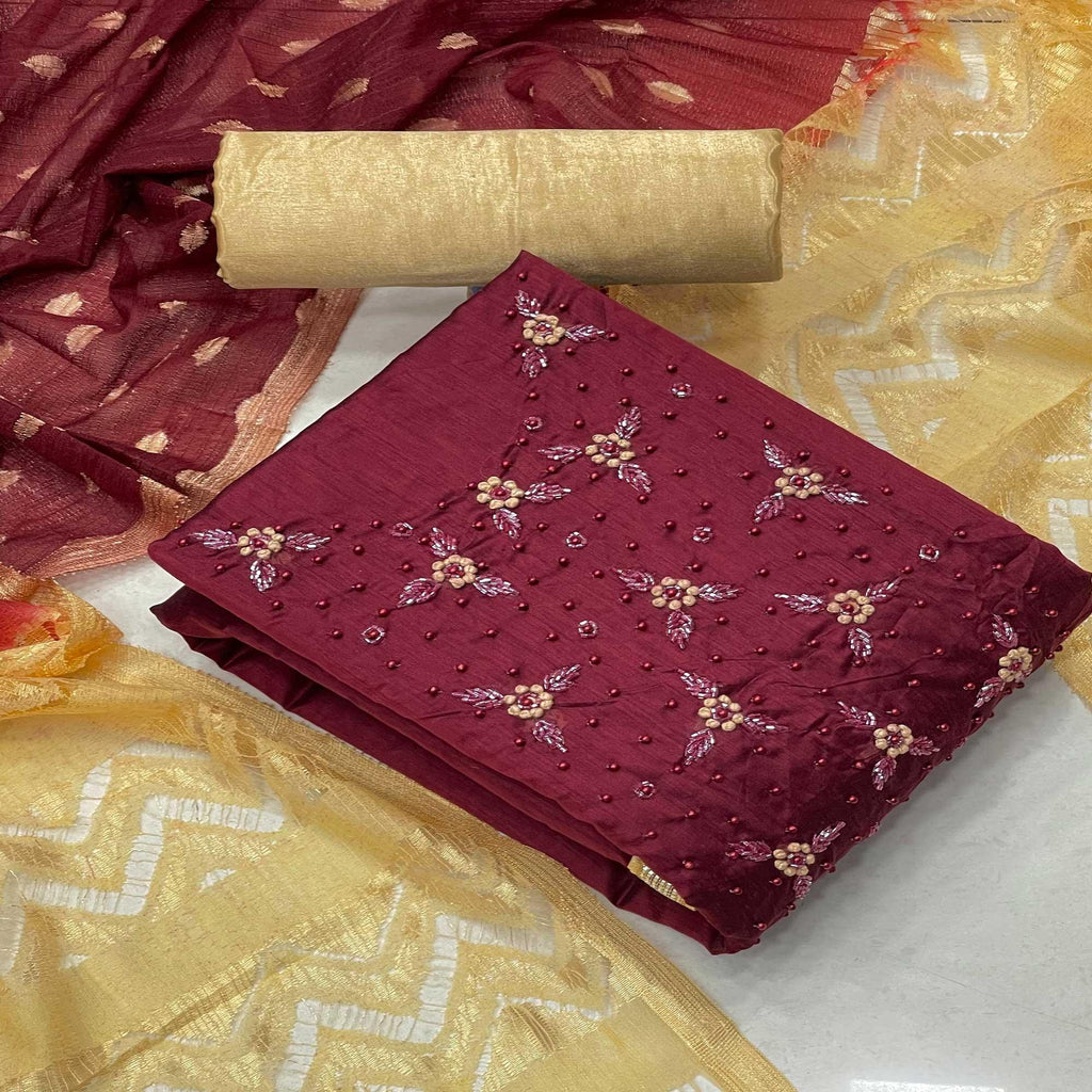 Maroon Casual Wear Embellished Modal Silk Dress Material