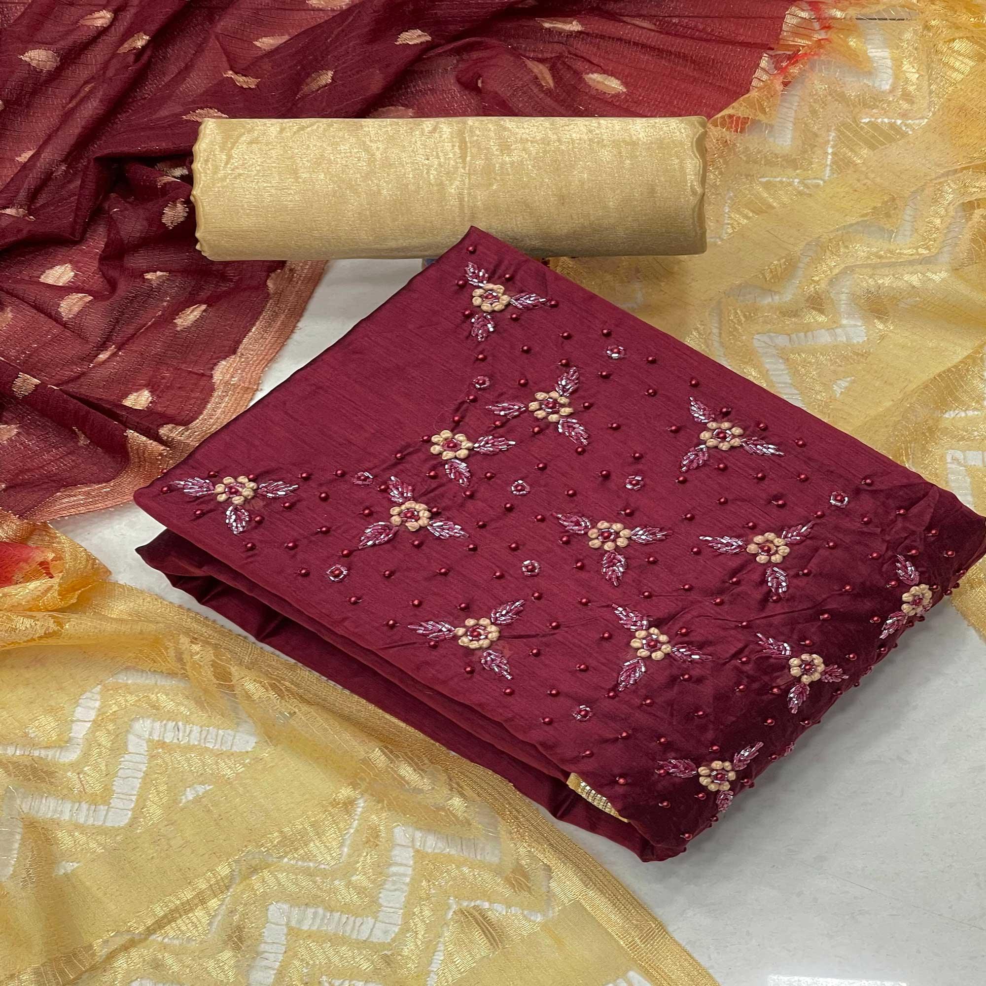 Maroon Casual Wear Embellished Modal Silk Dress Material