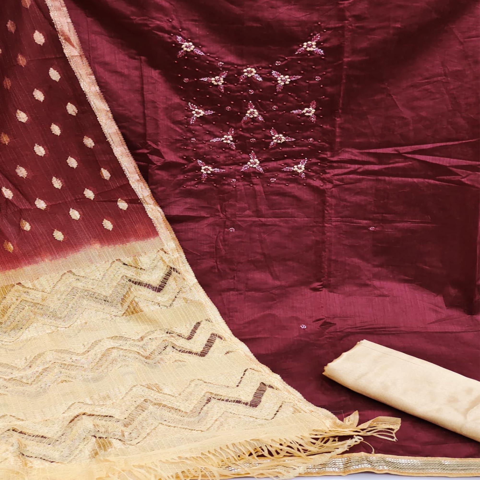 Maroon Casual Wear Embellished Modal Silk Dress Material