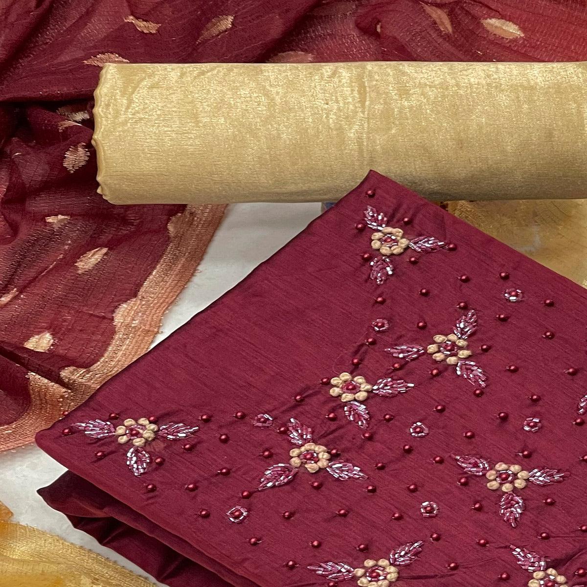 Maroon Casual Wear Embellished Modal Silk Dress Material