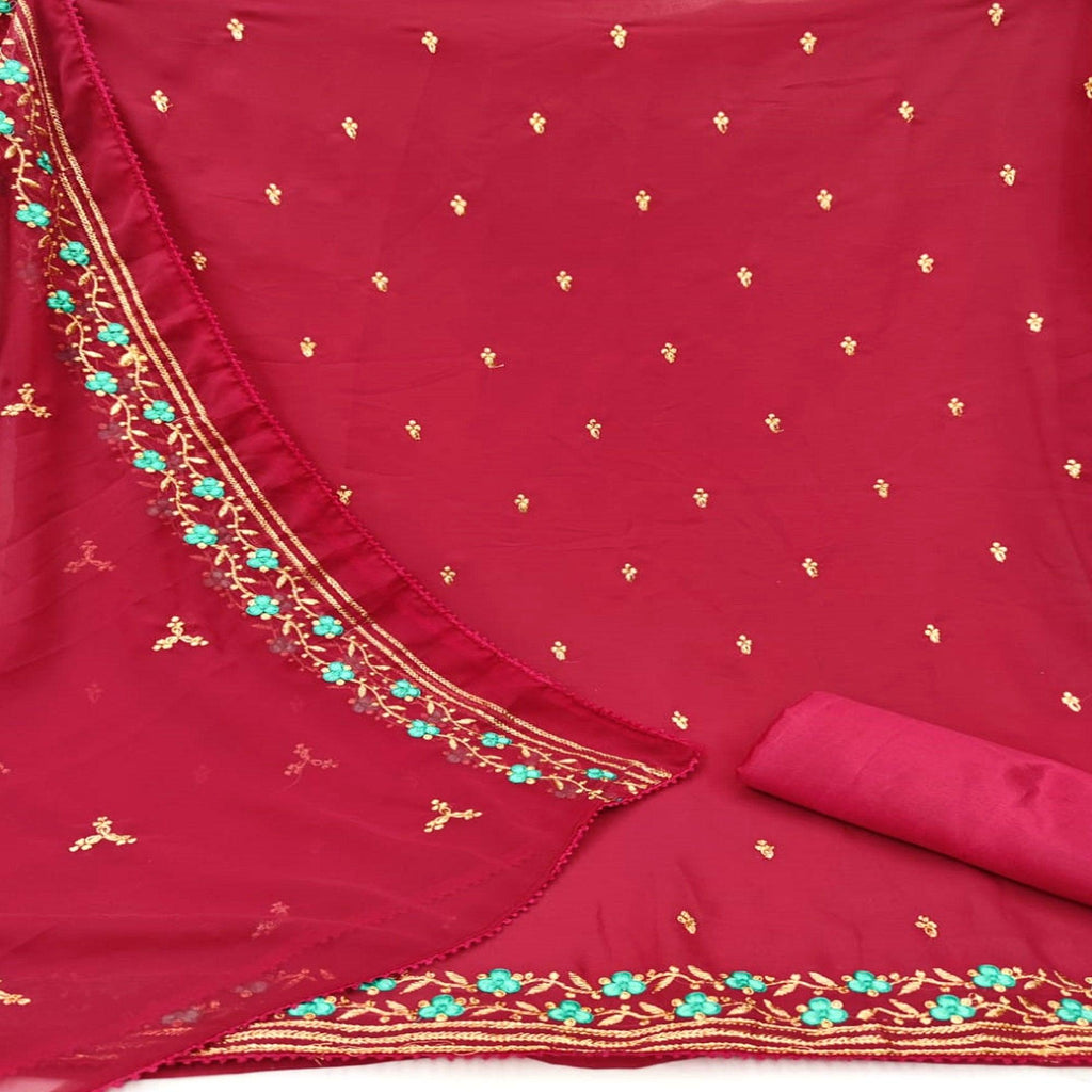 Maroon Casual Wear Floral Embroidery Work Georgette Dress Material