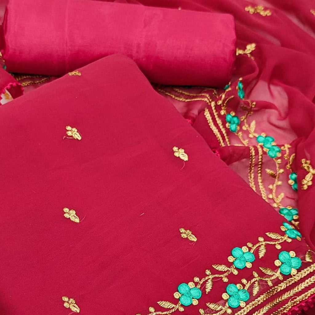 Maroon Casual Wear Floral Embroidery Work Georgette Dress Material