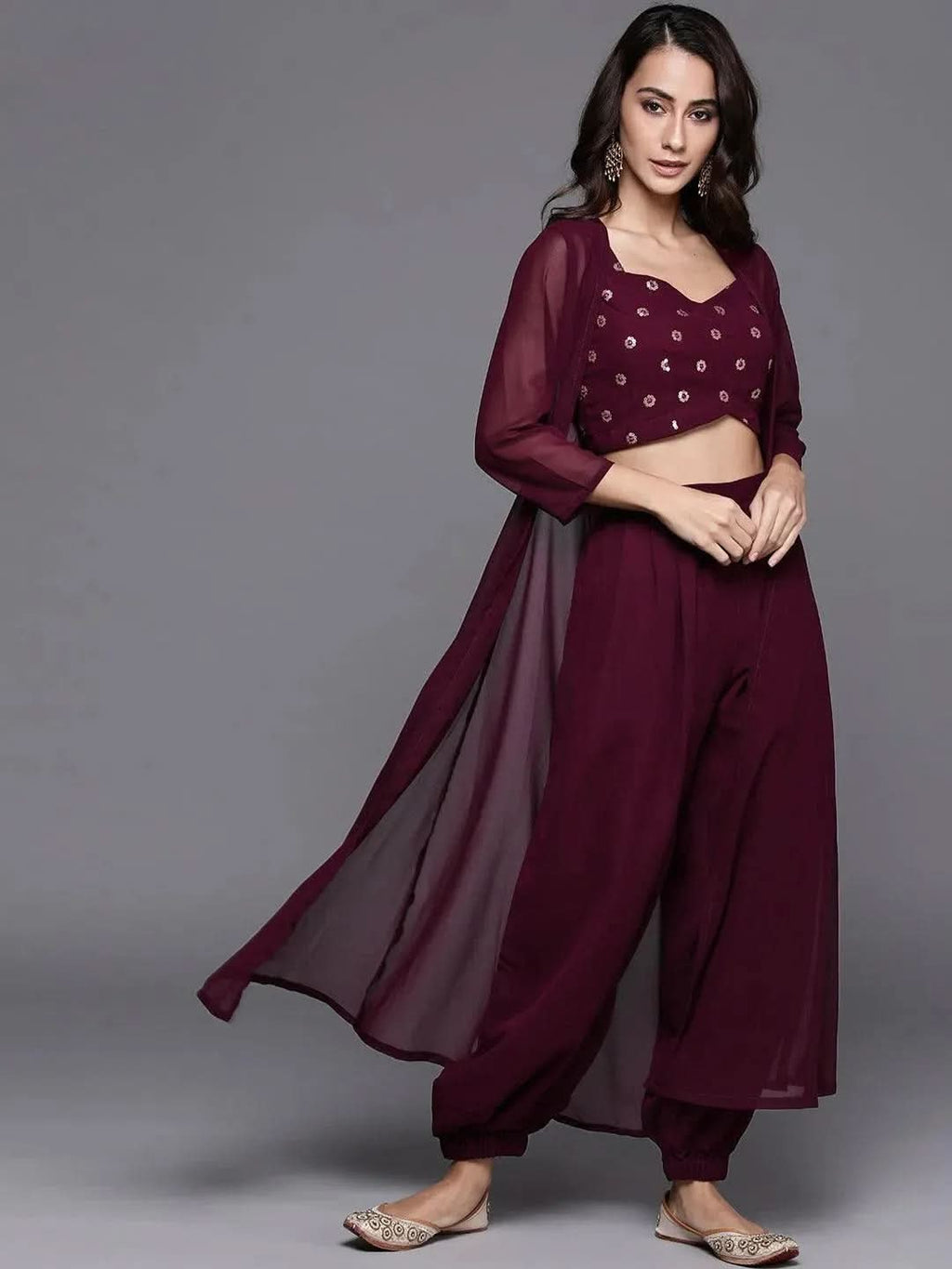 Maroon Embroidered Georgette Straight Top With Salwar & Shrug