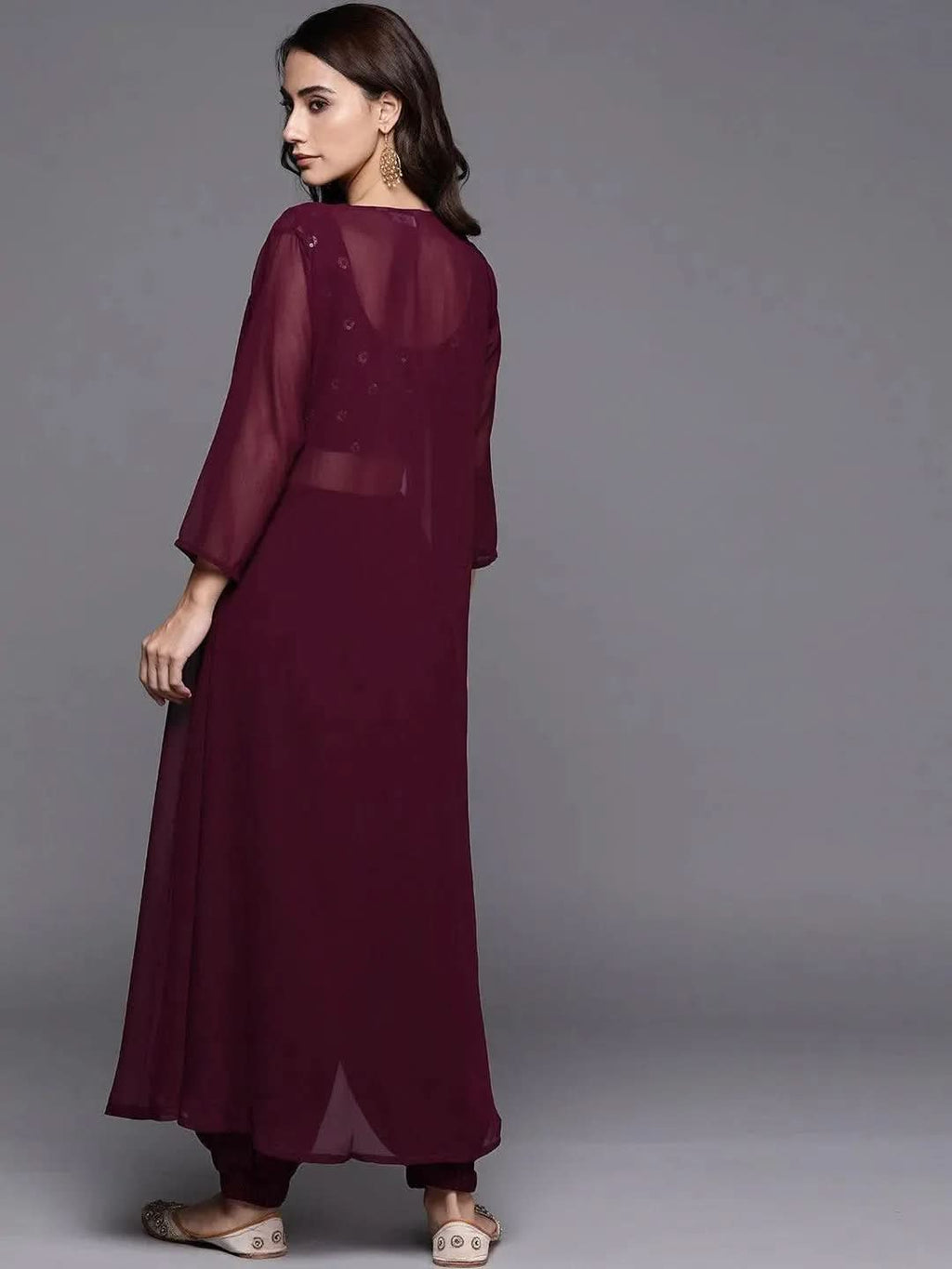 Maroon Embroidered Georgette Straight Top With Salwar & Shrug