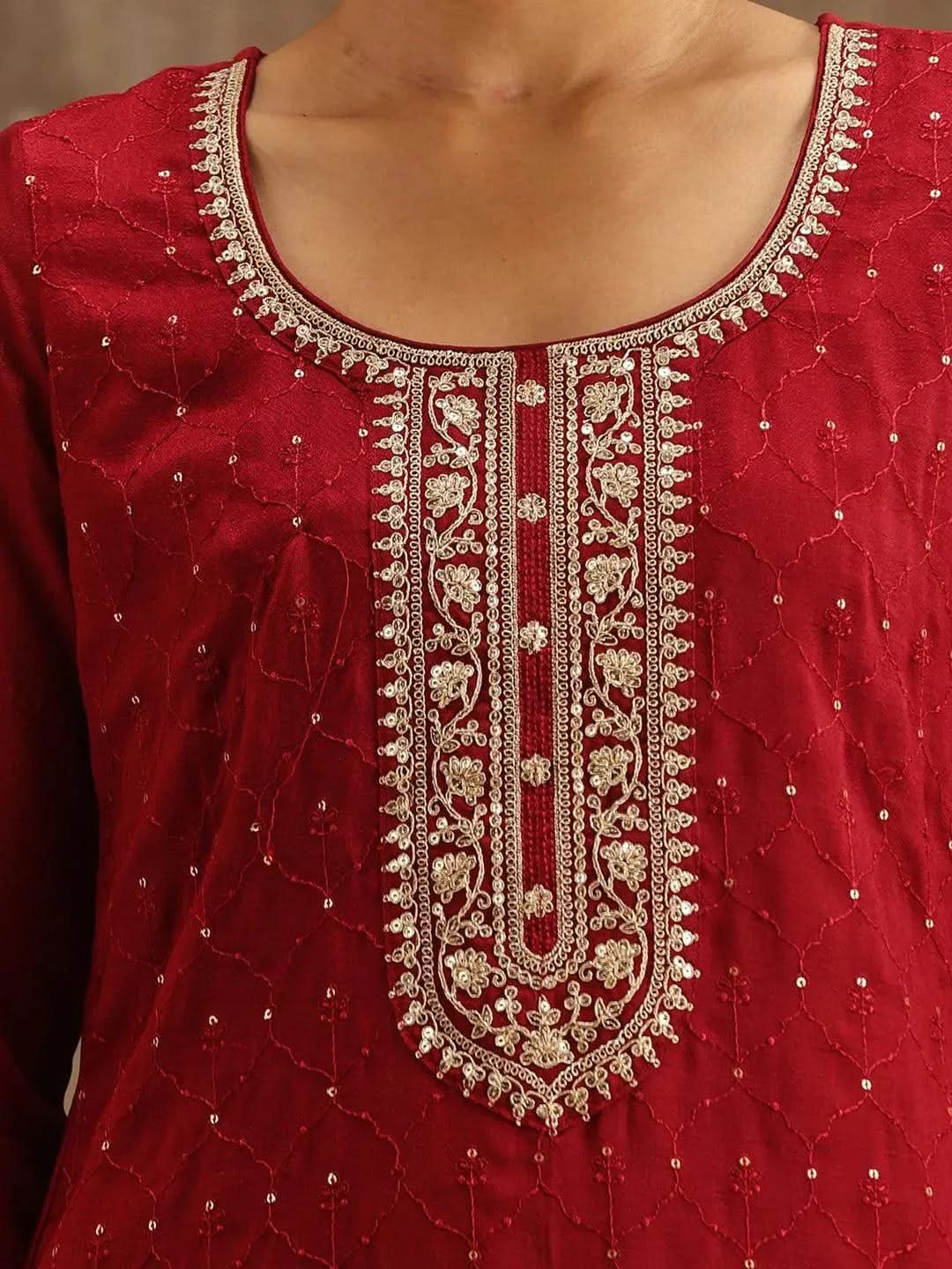 Maroon Embroidered Silk Blend Straight Kurta With Trousers & Dupatta