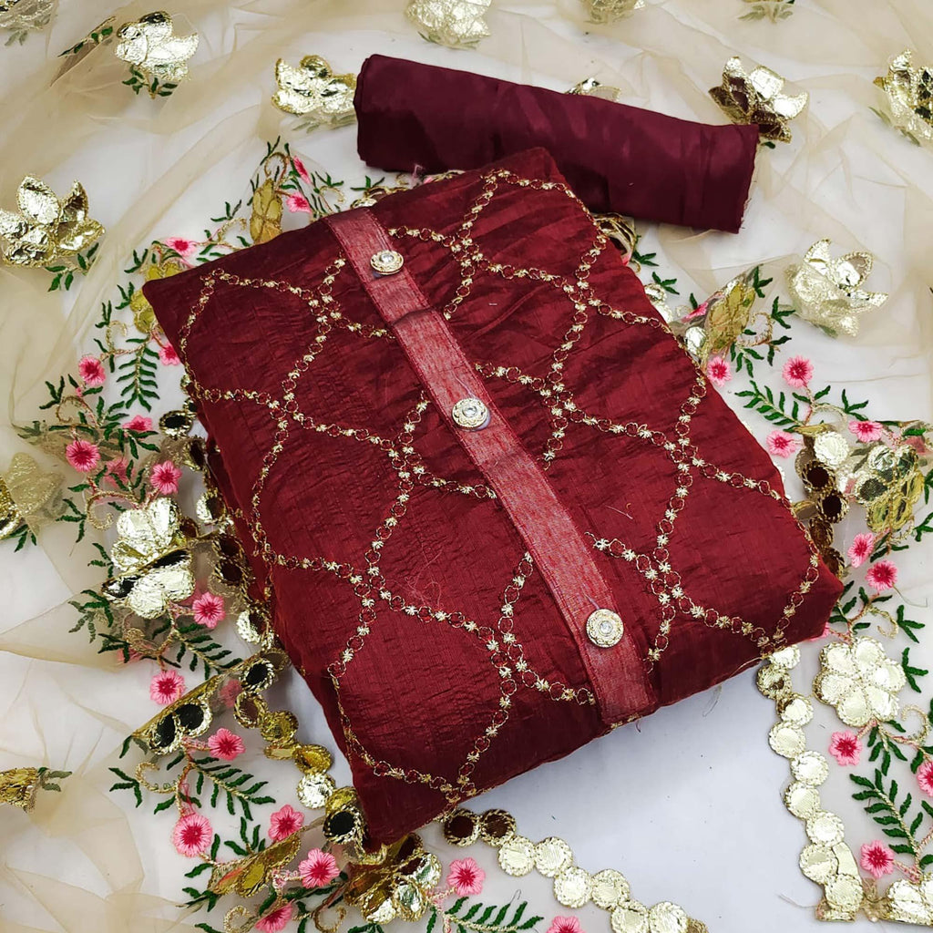 Maroon Festive Wear Embroidered Chanderi Dress Material
