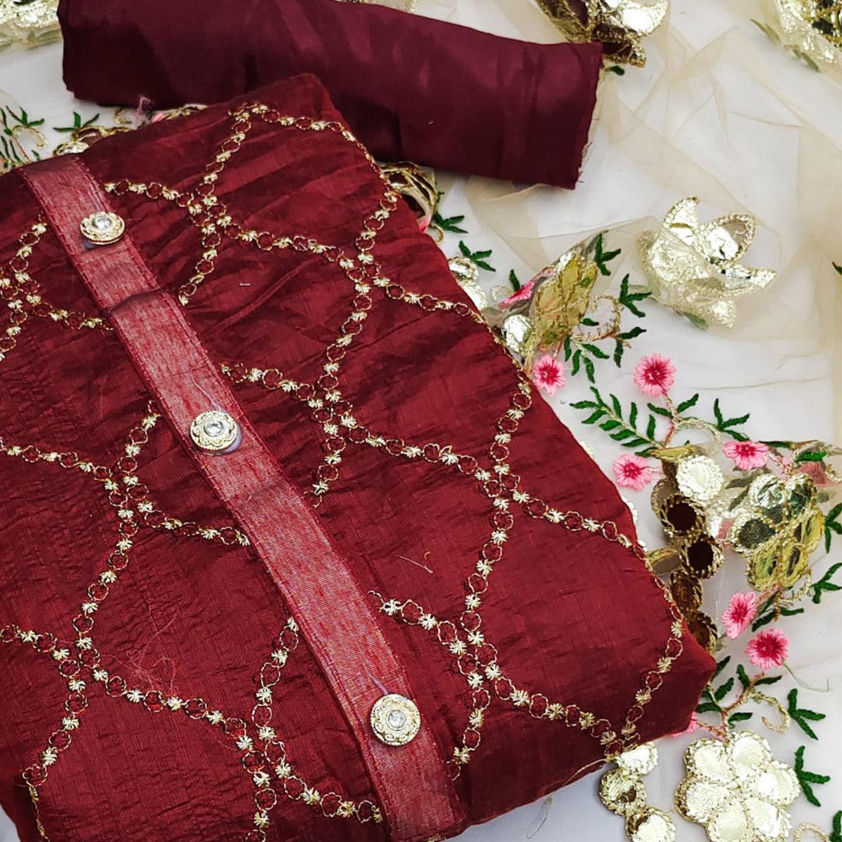 Maroon Festive Wear Embroidered Chanderi Dress Material