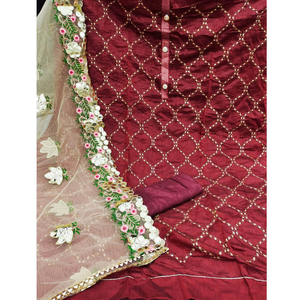 Maroon Festive Wear Embroidered Chanderi Dress Material