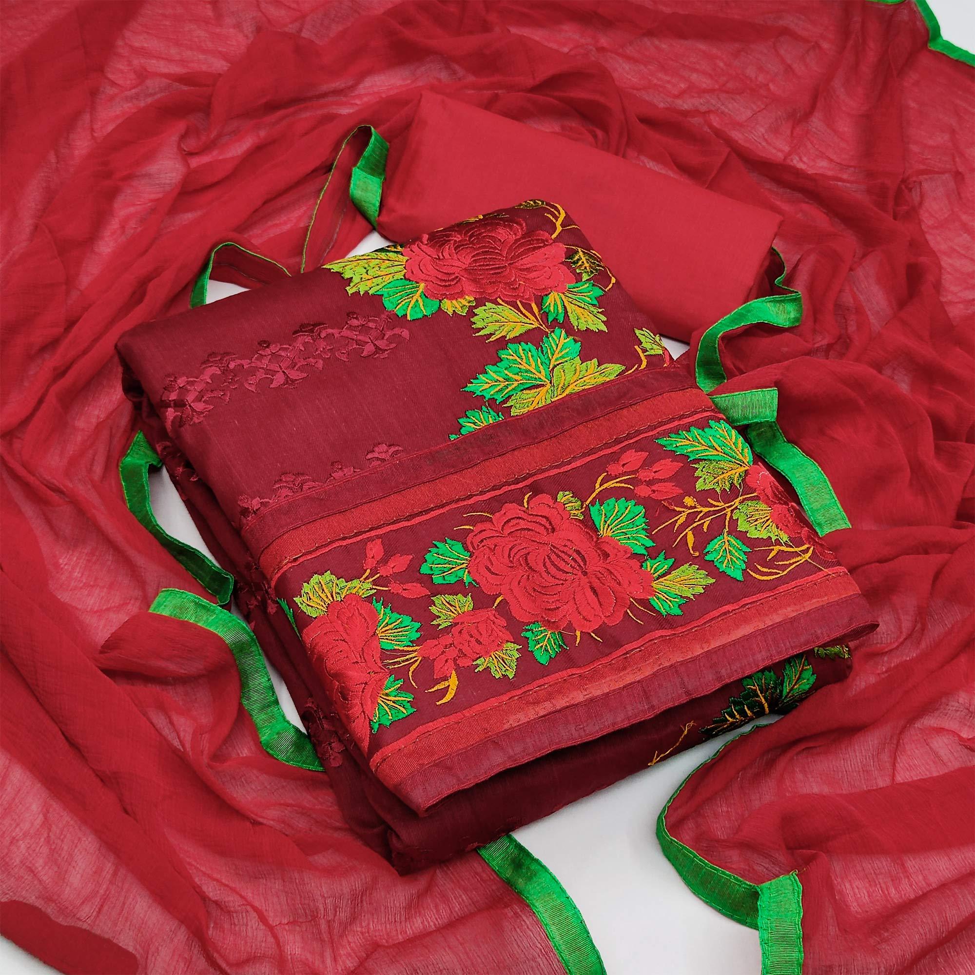 Maroon Festive Wear Embroidered Cotton Dress Material