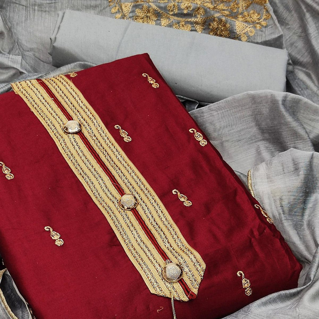 Maroon Festive Wear Embroidered Cotton Dress Material