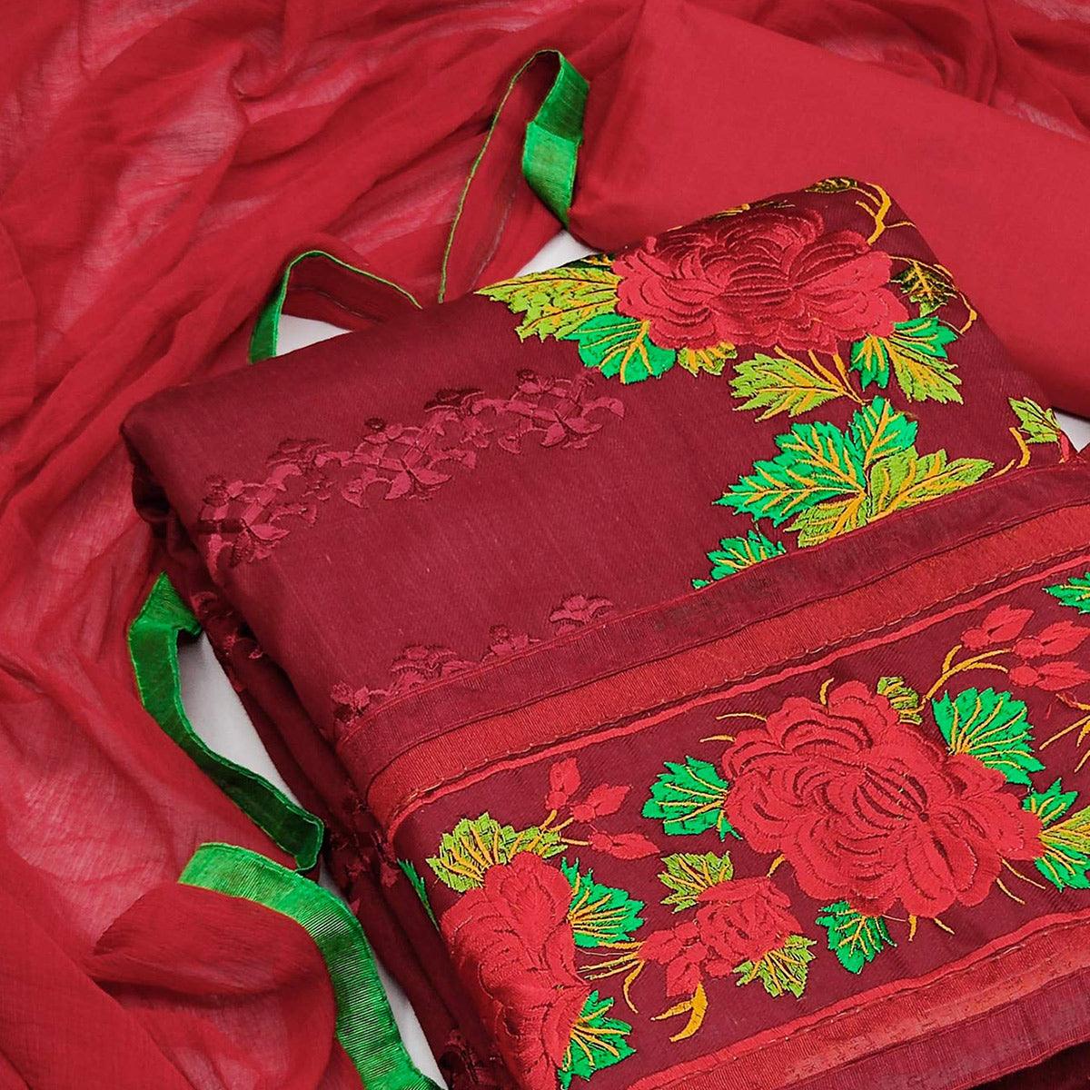 Maroon Festive Wear Embroidered Cotton Dress Material