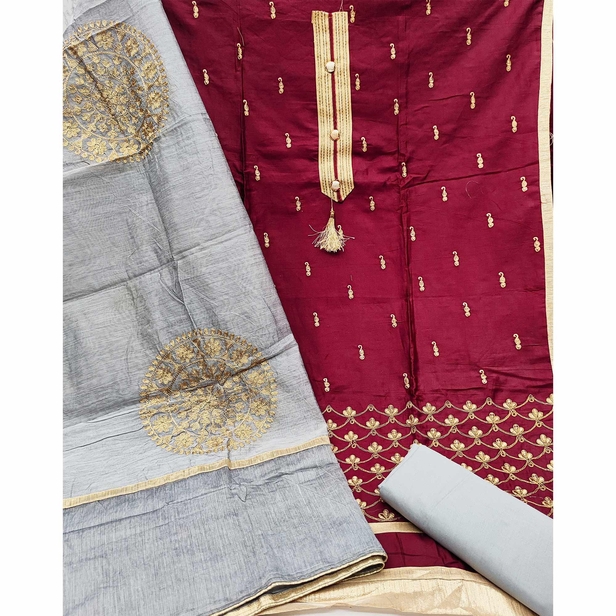 Maroon Festive Wear Embroidered Cotton Dress Material