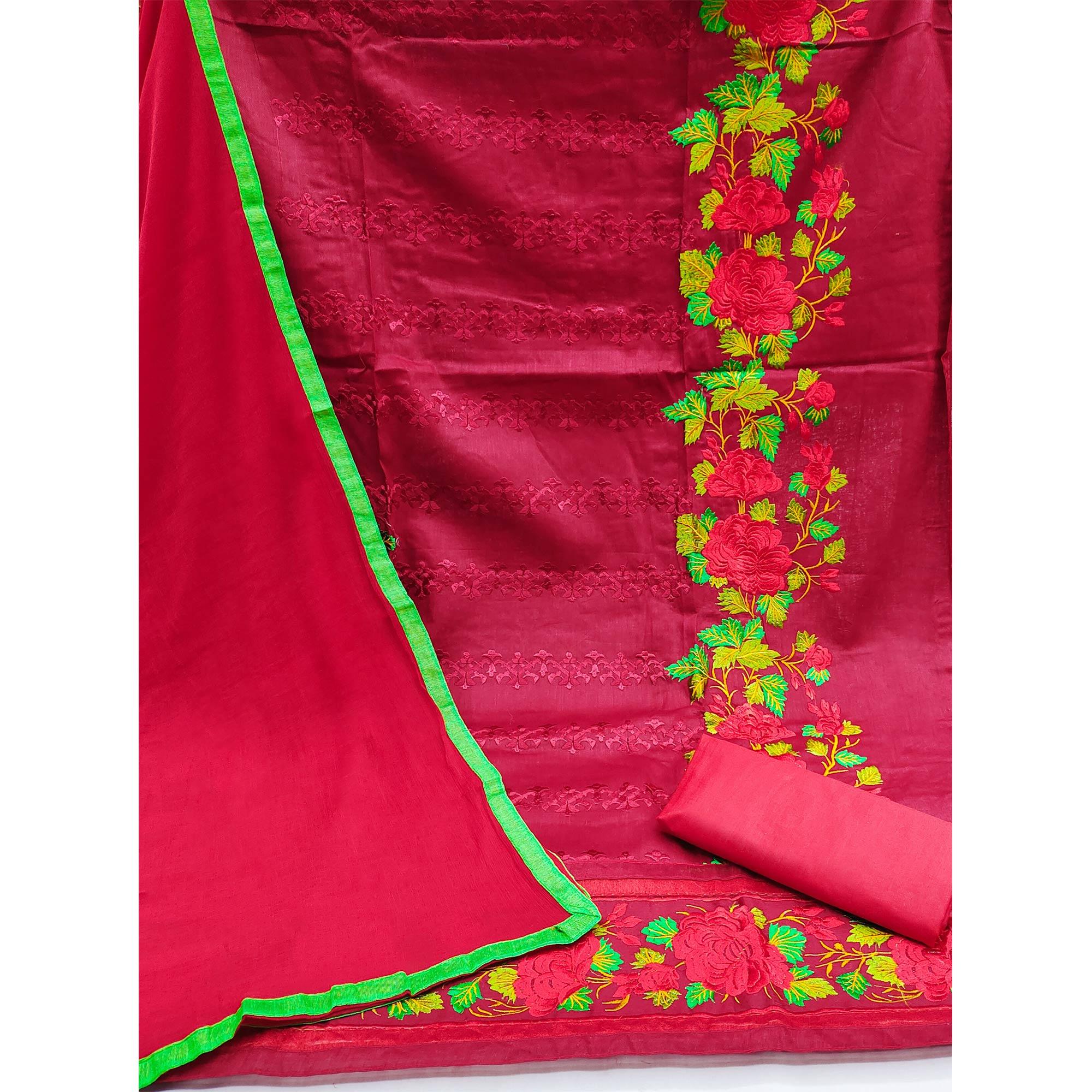 Maroon Festive Wear Embroidered Cotton Dress Material