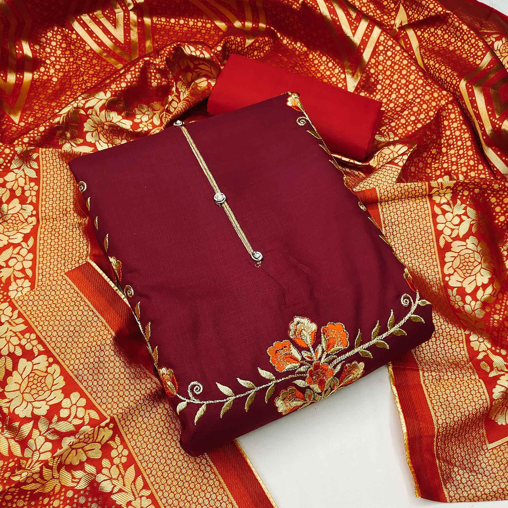 Maroon Festive Wear Floral Embroidered Cotton Dress Material
