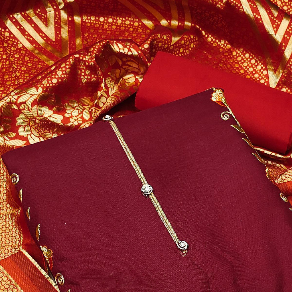Maroon Festive Wear Floral Embroidered Cotton Dress Material