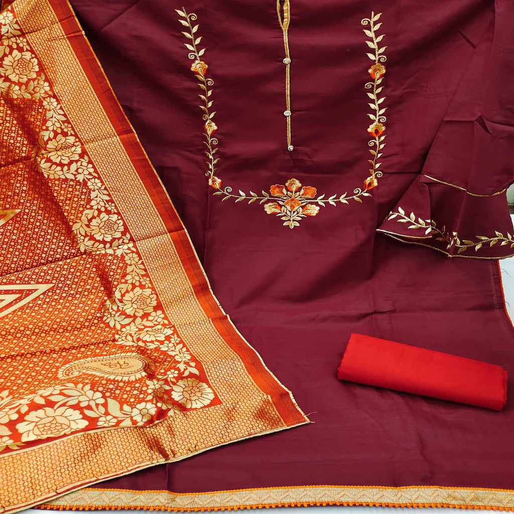 Maroon Festive Wear Floral Embroidered Cotton Dress Material