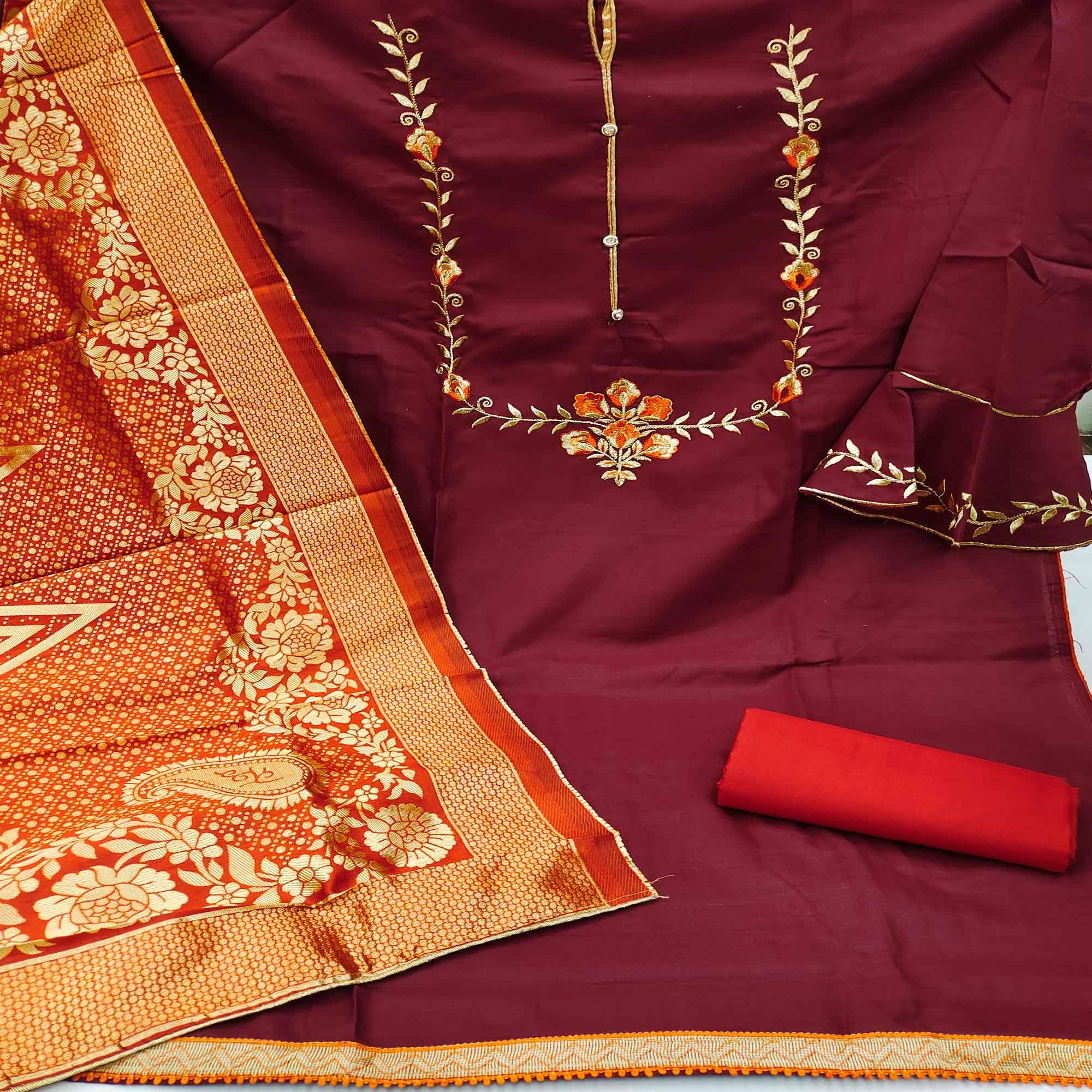 Maroon Festive Wear Floral Embroidered Cotton Dress Material