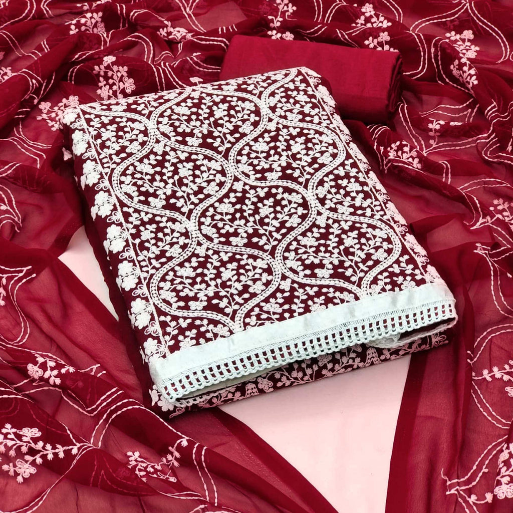 Maroon Floral Embroidered Georgette Dress Material