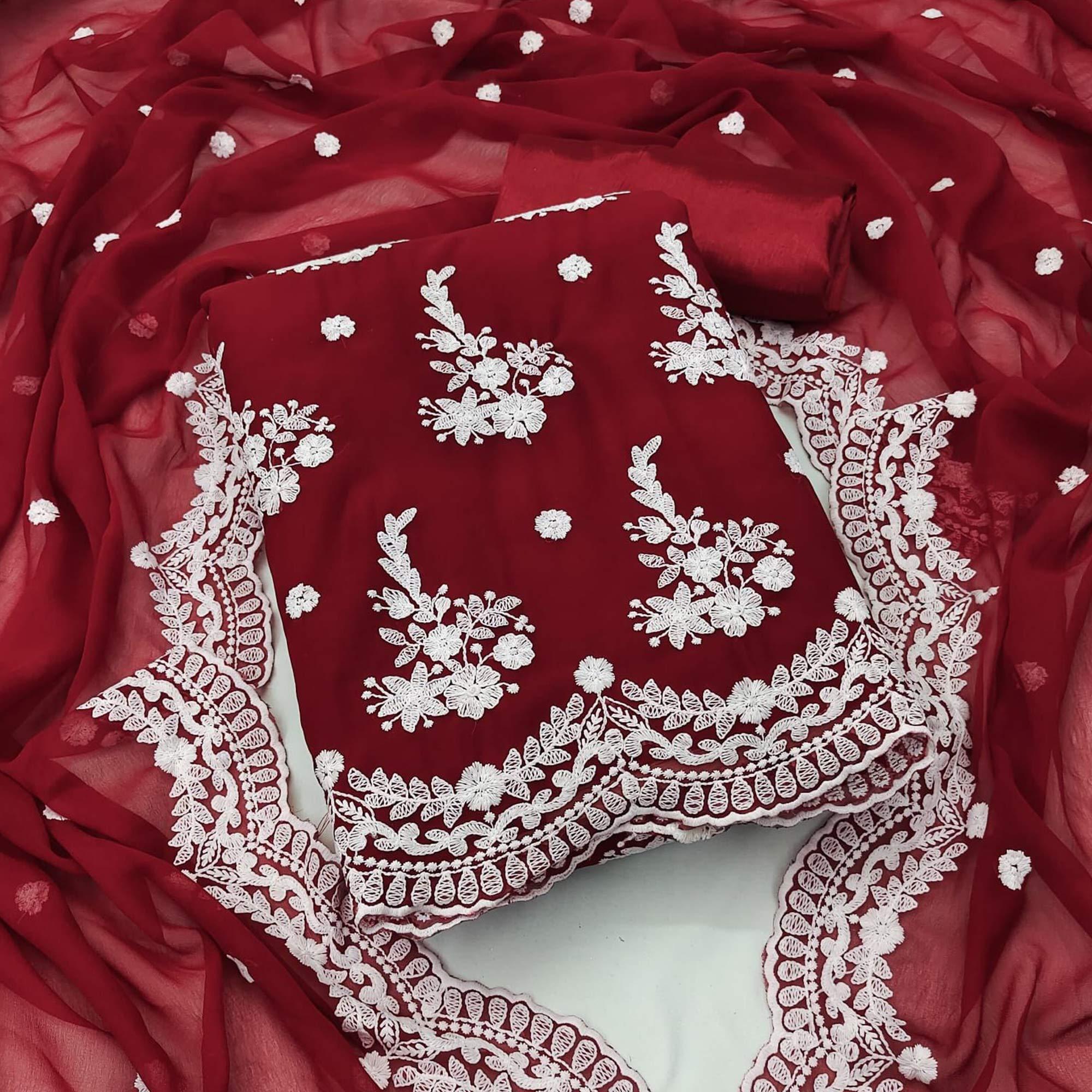 Maroon Floral Embroidered Georgette Dress Material