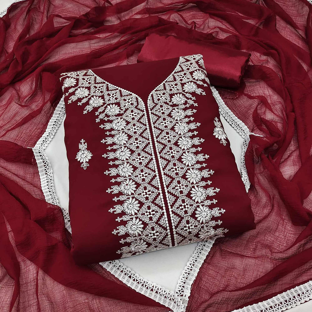 Maroon Floral Embroidered Georgette Dress Material