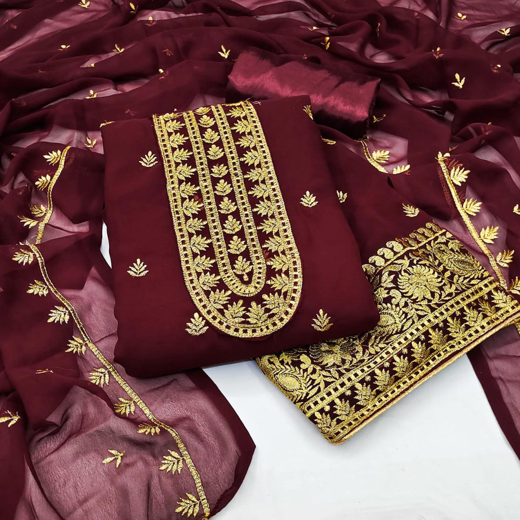 Maroon Floral Embroidered Georgette Dress Material