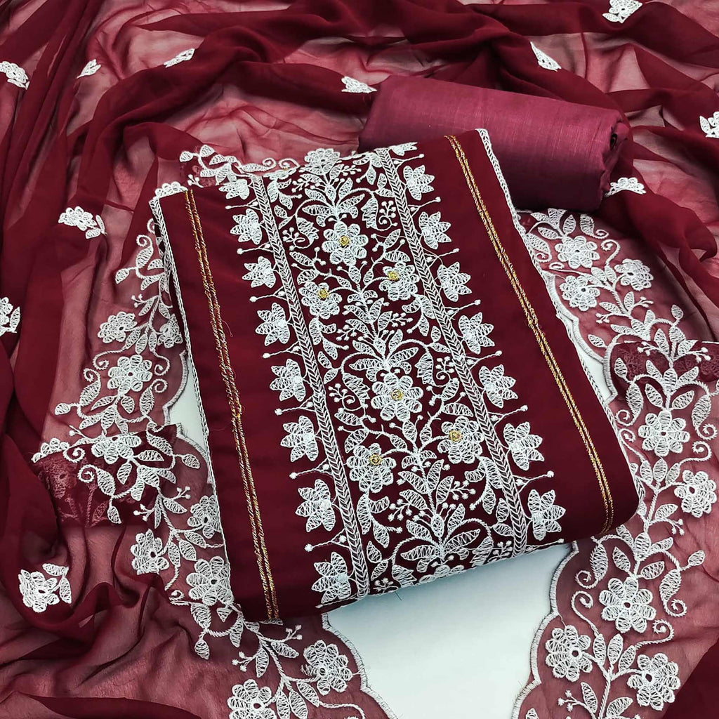 Maroon Floral Embroidered Georgette Dress Material