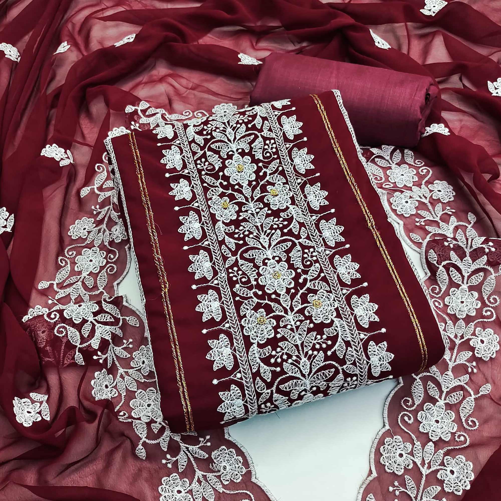 Maroon Floral Embroidered Georgette Dress Material