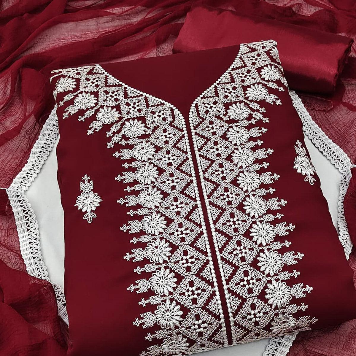 Maroon Floral Embroidered Georgette Dress Material
