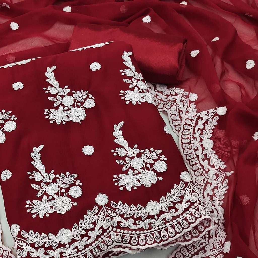 Maroon Floral Embroidered Georgette Dress Material