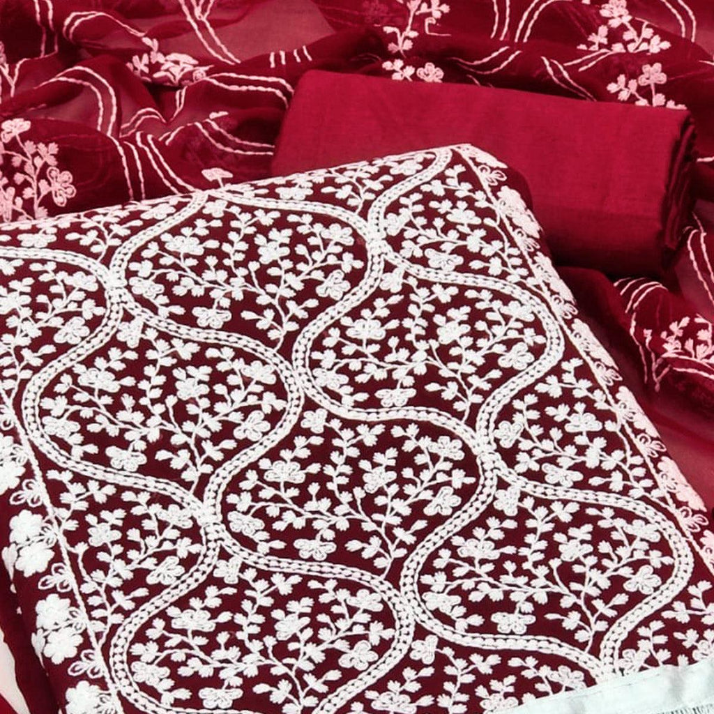 Maroon Floral Embroidered Georgette Dress Material