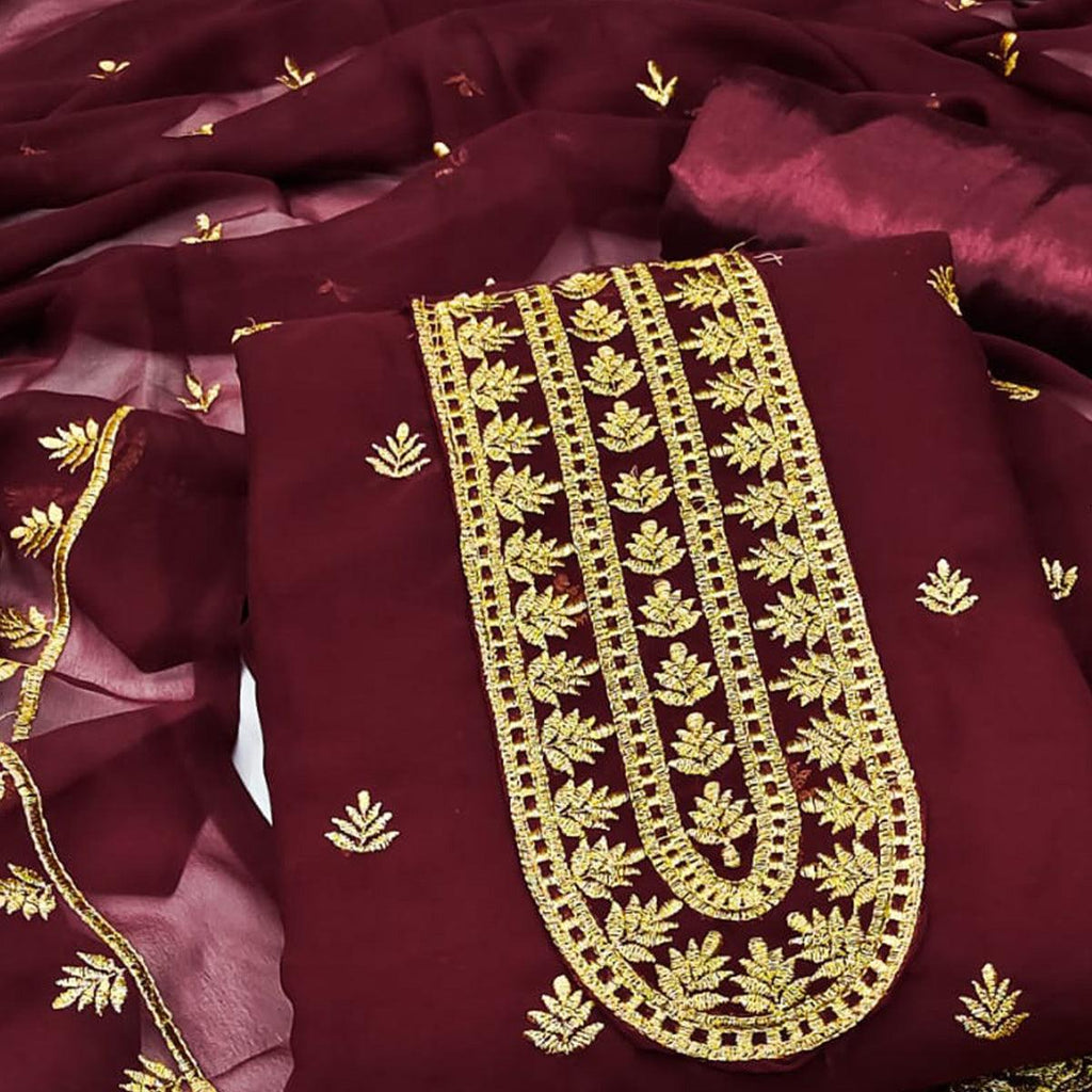 Maroon Floral Embroidered Georgette Dress Material