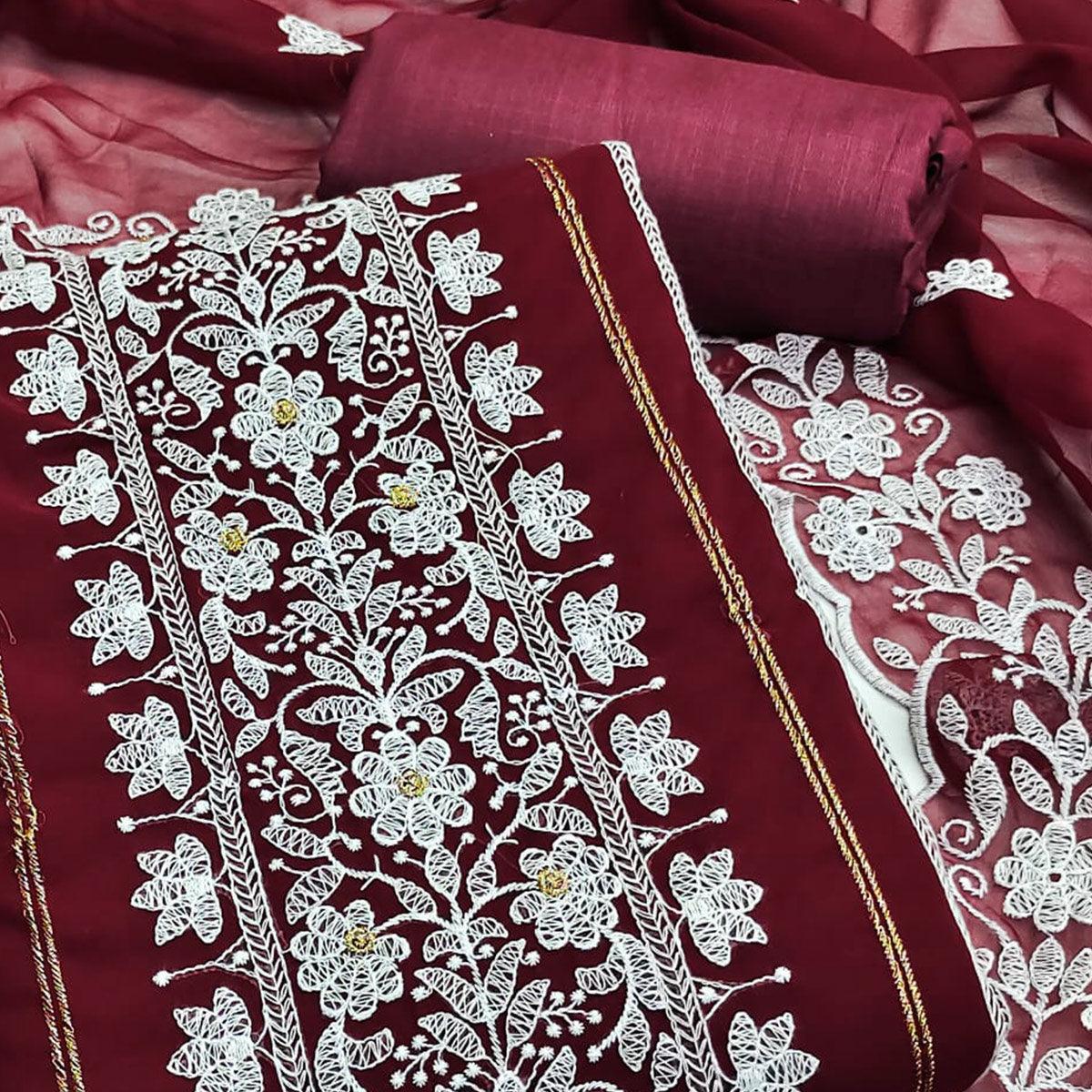 Maroon Floral Embroidered Georgette Dress Material