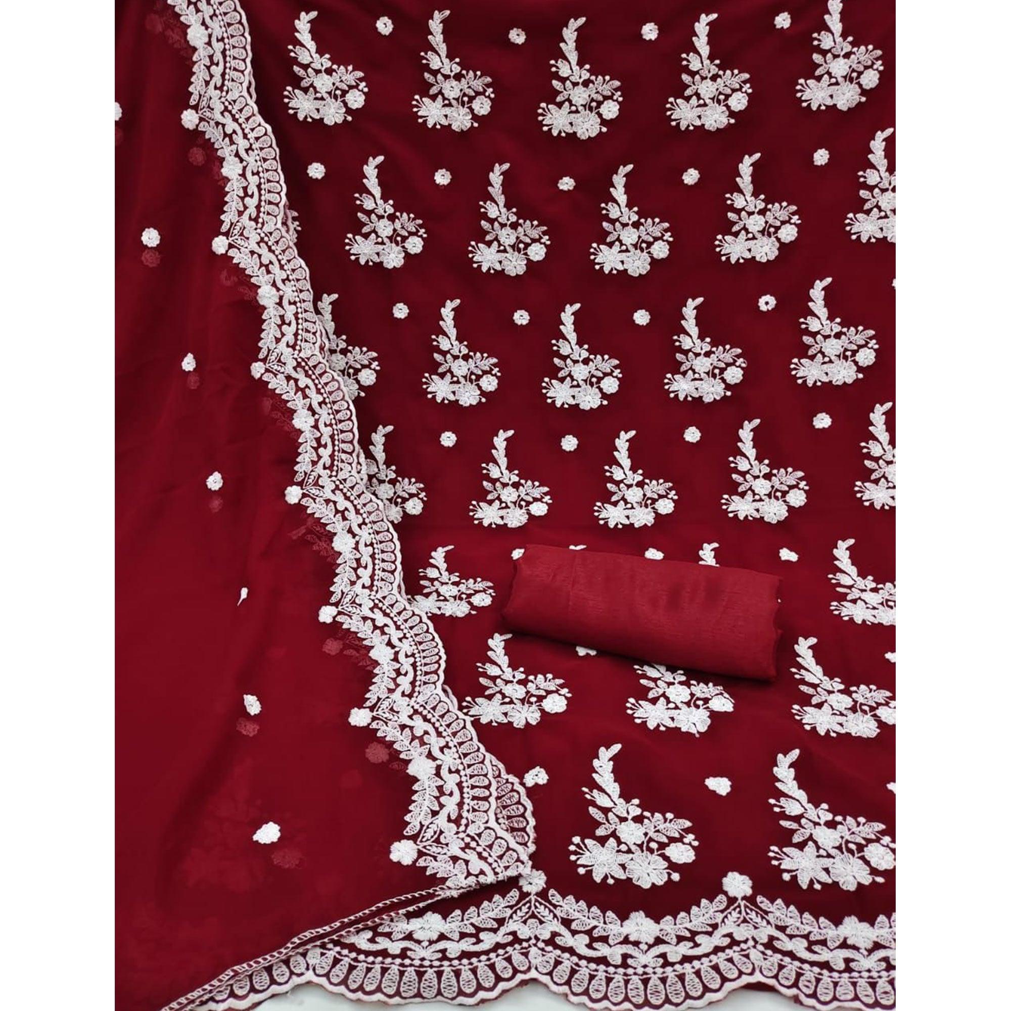 Maroon Floral Embroidered Georgette Dress Material