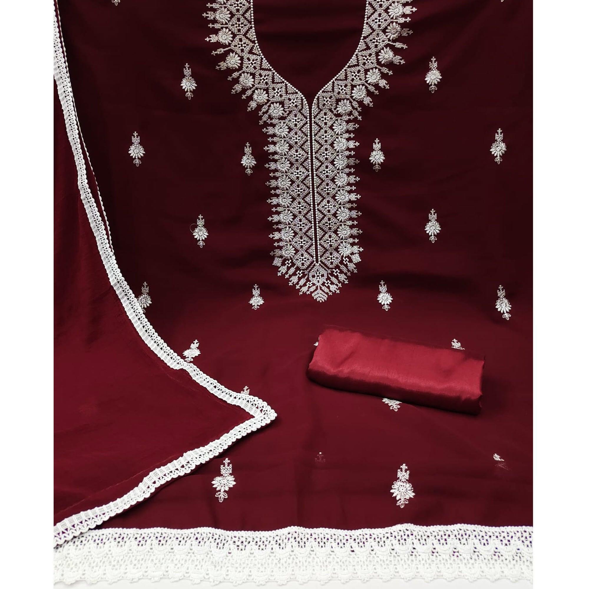 Maroon Floral Embroidered Georgette Dress Material