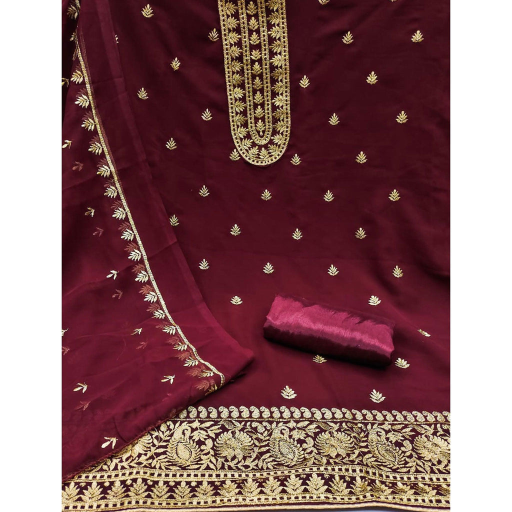 Maroon Floral Embroidered Georgette Dress Material