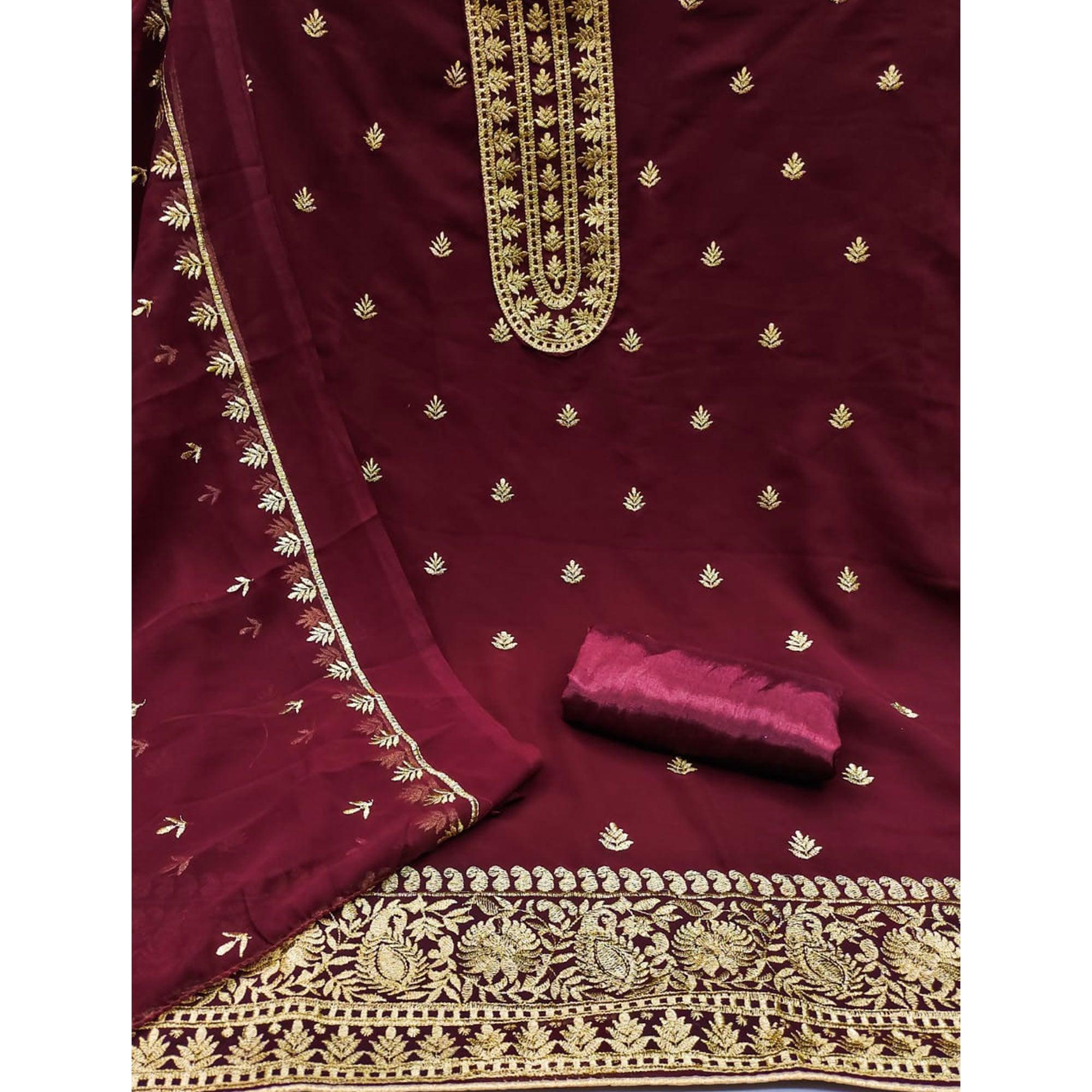 Maroon Floral Embroidered Georgette Dress Material