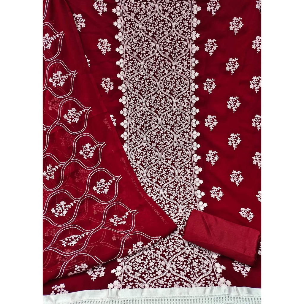 Maroon Floral Embroidered Georgette Dress Material