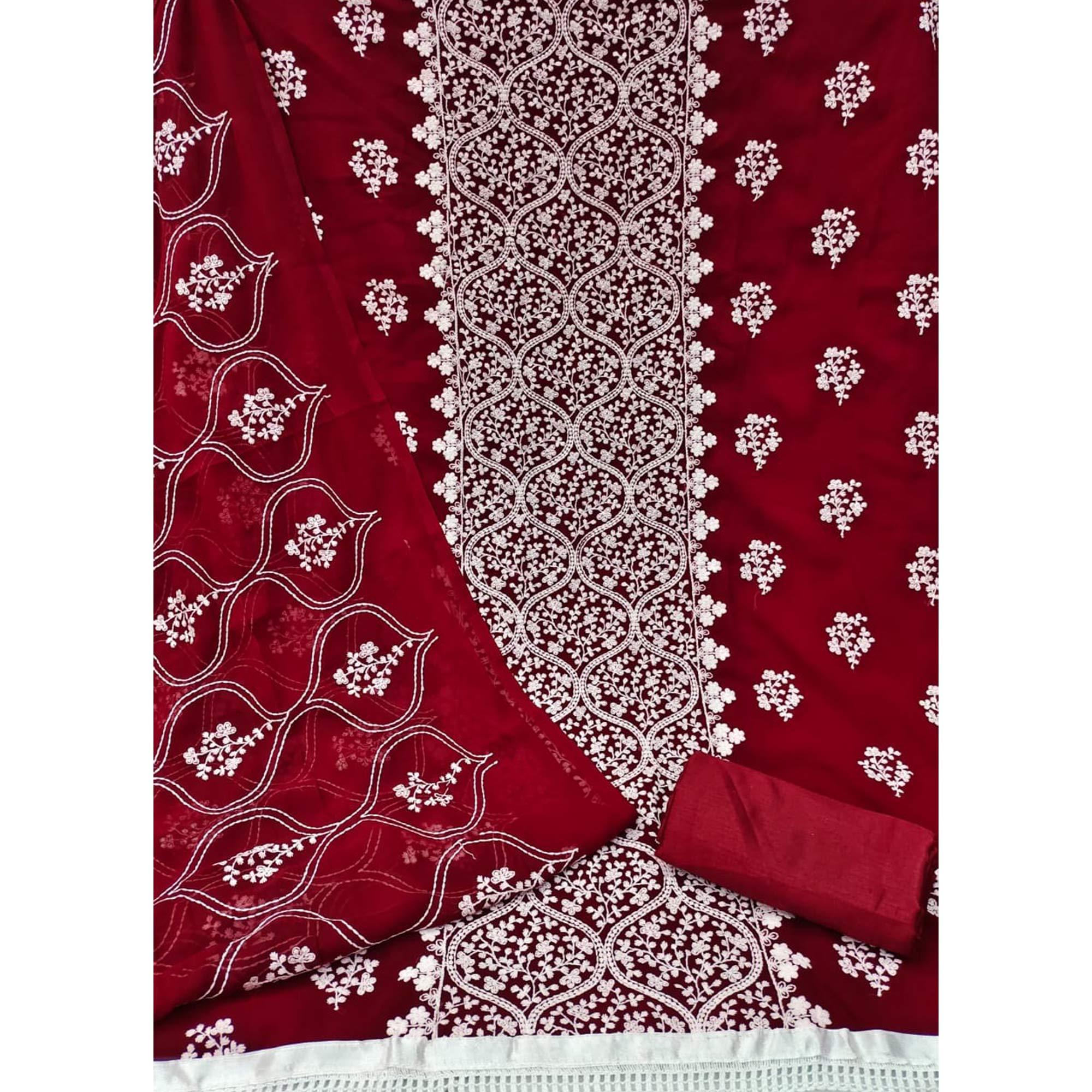 Maroon Floral Embroidered Georgette Dress Material