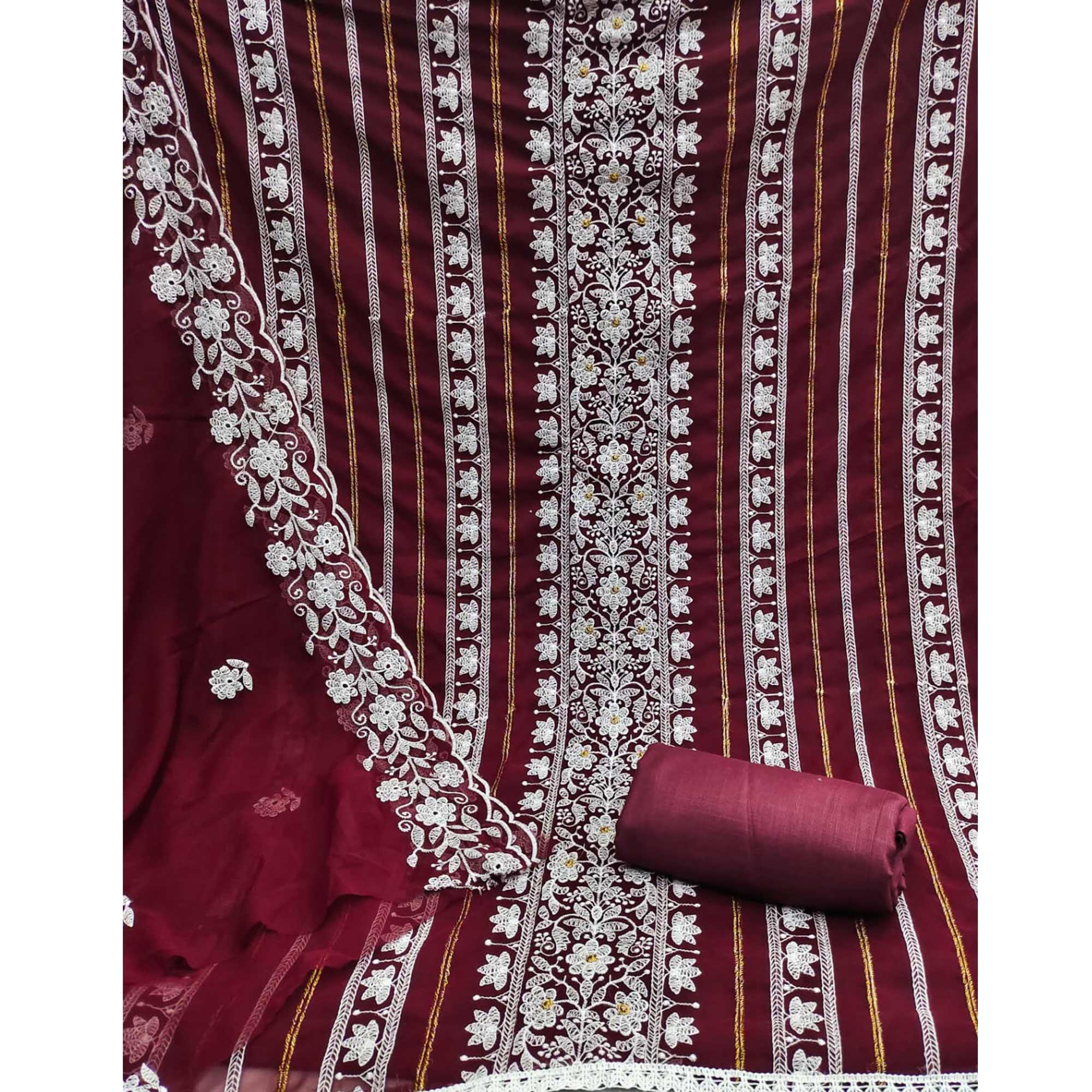 Maroon Floral Embroidered Georgette Dress Material