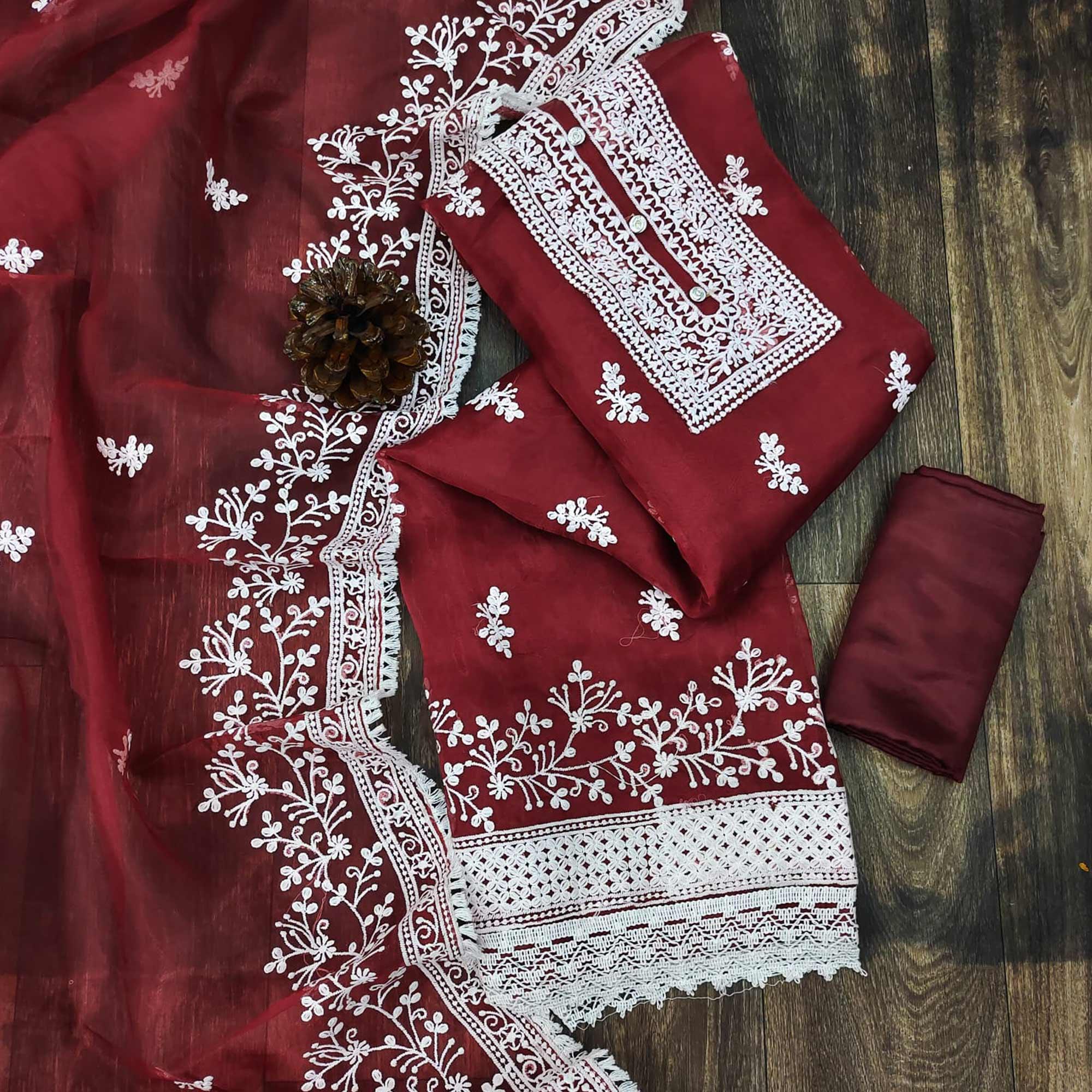 Maroon Floral Embroidered Organza Dress Material